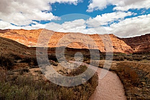 Little river flowing into the desert landscape, Lees Ferry landing, Page, AZ, USA