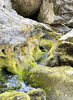 Little river in middle of the green boulder stones