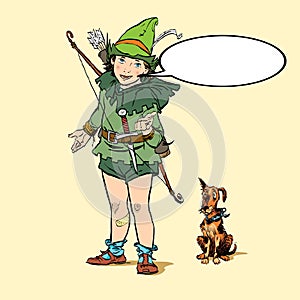 Little Robin Hood and a dog. Boy and his dog. Robin Hood childhood. Child Robin Hood. Medieval legends. Heroes of