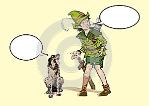 Little Robin Hood and a dog. Boy and his dog. Robin Hood childhood. Child Robin Hood. Medieval legends. Heroes of