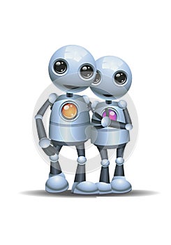 Little robot couple walking on isolated white background