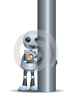 little robot hidding behind iron pole