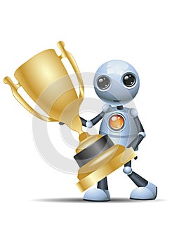 Little robot hold golden winning trophy