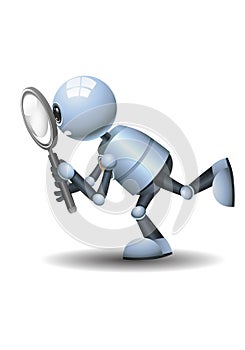 little robot holding magnifier doing research and observation