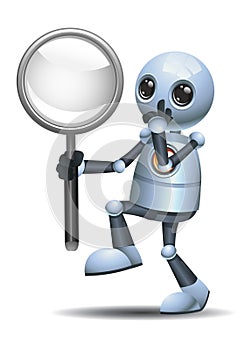 little robot holding magnifier doing research and observation secretly