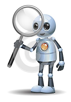 little robot holding magnifier focus on research and observation