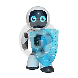 Little robot holding transparent shield, data security concept, 3d rendering