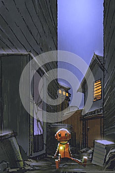 Little robot left alone in dirty alley