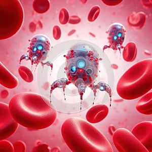 Little robots flying among red blood cells.