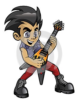 Little rocker boy playing an electric guitar