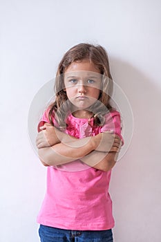 Little Sad Girl With Expression Face In On White Wall Background