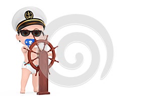 Little Sailor or Captain Concept. Cartoon Cute Baby Boy in Naval Officer, Admiral, Navy Ship Captain Hat near Wooden Ship Steering