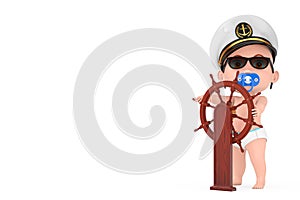 Little Sailor or Captain Concept. Cartoon Cute Baby Boy in Naval Officer, Admiral, Navy Ship Captain Hat near Wooden Ship Steering