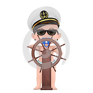 Little Sailor or Captain Concept. Cartoon Cute Baby Boy in Naval Officer, Admiral, Navy Ship Captain Hat near Wooden Ship Steering