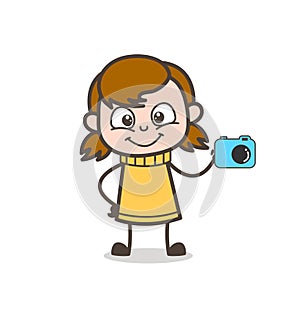 Little Salesgirl Showing Camera - Cute Cartoon Girl Illustration