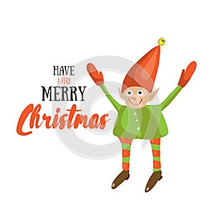 Little Santa helper wish you a Merry Christmas. Vector illustrated greeting card. Decorative poster template with little elfs.