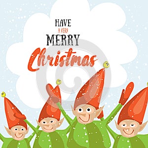 Little Santa helpers wish you a Merry Christmas. Vector illustrated greeting card.