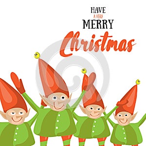 Little Santa helpers wish you a Merry Christmas. Vector illustrated greeting card. Decorative poster template with little elfs.