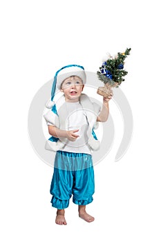 Little Santa holding a Christmas tree in his hand