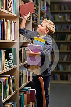 little school boy taking books from shelves in library, with a stack of books in hands