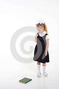 Little school girl unhappy. Hate going to school. Back to school concept.