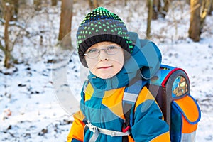 Little school kid boy of elementary class walking to school.