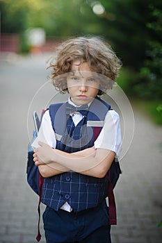 Little schoolboy stands in the school yard with an angry expression on his face .