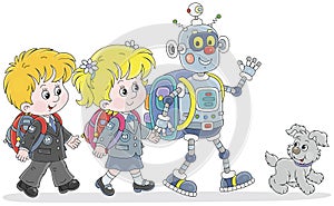 Little schoolchildren and robot going to school
