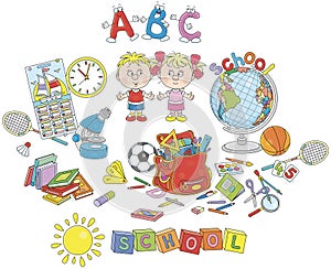 Little schoolchildren and school accessories