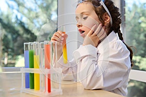 Little schoolgirl observing the chemical reaction standing at the table with test tubes on tripode on a chemistry lesson photo