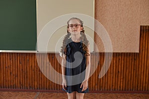 Little schoolgirl standing at the blackboard. Schoolgirl with two pigtails in glasses