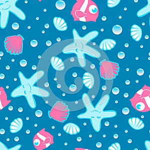 Little sea creatures swimming under the sea seamless pattern
