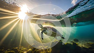 sea turtle swimming in the sea, Little sea Tortoise swim in the ocean floor, scenic GALAPAGOS ISLAND,