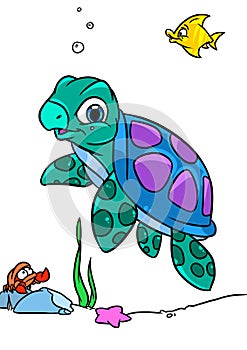 Little sea turtle swims ocean illustration character
