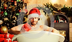 Little secret. sexy mature man bath. winter holidays. muscular man relax bathtub. best xmas present. christmas spa