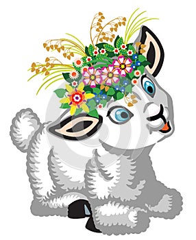 little sheep wearing a wreath of flowers