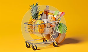 Little shopping cart with fruit and some boxes inside. Big melon is behind the trolley. Yellow backdrop. Generative AI