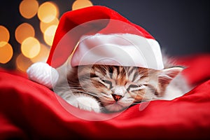 Little siberian kitten in red santa hat on red background. Selective focus