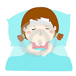 Little sick girl in bed cartoon .