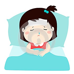 Little sick girl in bed cartoon .