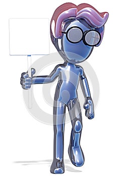 Little silver man with cartoon style hair and glasses walking with placard