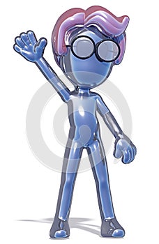 Little silver man with glasses Cartoon style greets