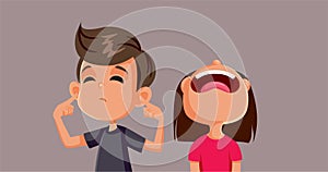 Little Sister Screaming While Brother Covers his Ears Vector Cartoon