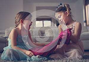 Little sisters pick dress together.