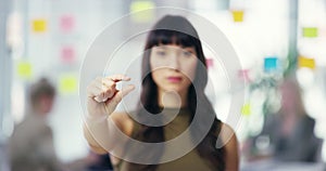 Little, size and woman sign with hand in office with body language for tiny measurement. Small, amount and person