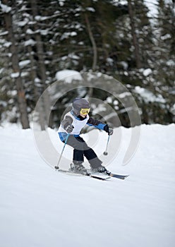 Little skier doing slalom