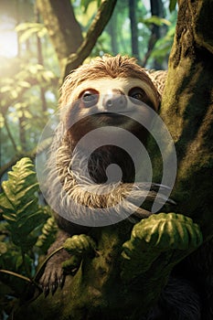 little sloth clingsinging to a tree in the rainforest