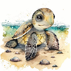 little smiling Baby sea Turtle Clip Art on white background generative AI