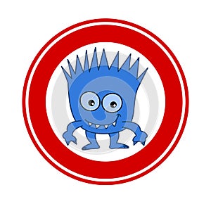 Little smiling blue microbe in traffic sign on white background - vector