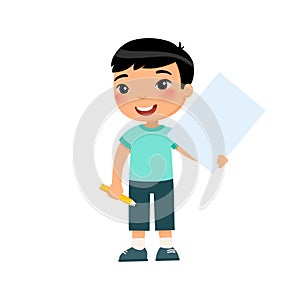 Little smiling boy holding empty paper sheet flat vector illustration.